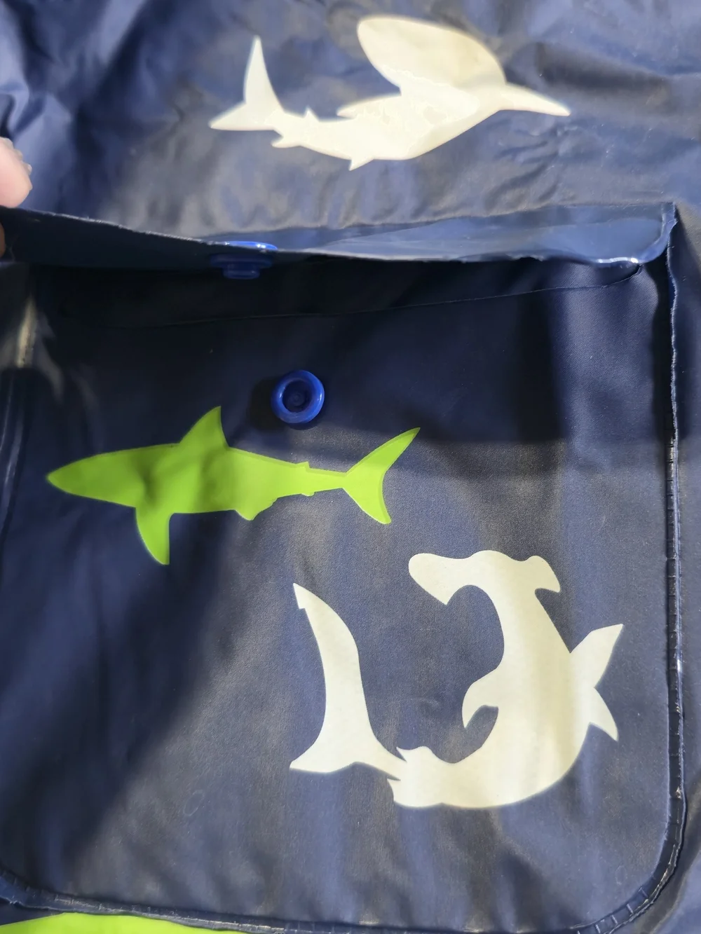Kids Navy Blue Shark Print Raincoat Snap Closure Pockets